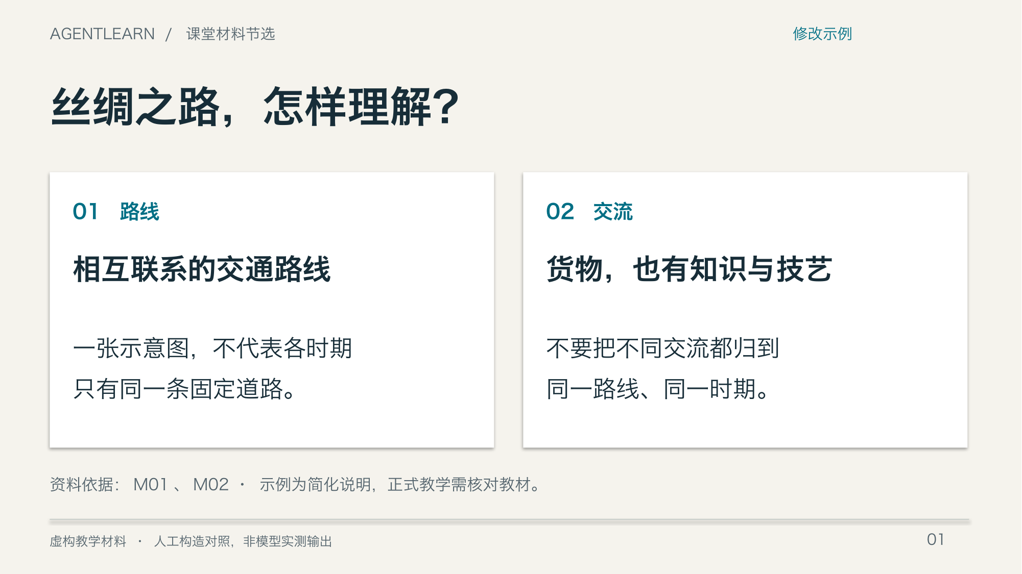 修改示例第一页：路线与交流分为两个区域，内容与依据清楚，文字无重叠